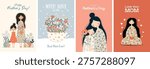 Beautiful trendy set of greeting cards for mothers Day. Stylish flat graphics and original design