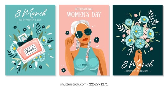 Bonito conjunto de tarjetas de felicitación a la moda para el 8 de marzo. Día Internacional de la Mujer. Chica con gafas de sol, mano con un ramo de flores, perfume de mujer. Gráficos planos y diseño original