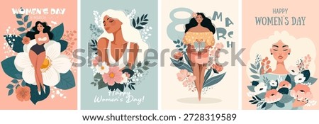 Beautiful trendy set of greeting cards for 8 March. International Women's Day. Stylish flat graphics and original design