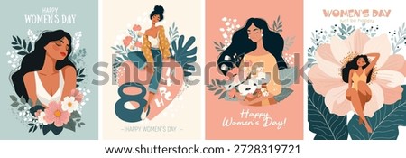 Beautiful trendy set of greeting cards for 8 March. International Women's Day. Stylish flat graphics and original design