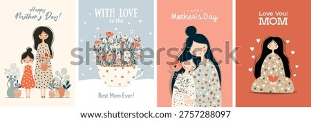 Beautiful trendy set of greeting cards for mothers Day. Stylish flat graphics and original design