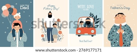 Beautiful trendy set of greeting cards for happy father's day. Stylish flat graphics and original design