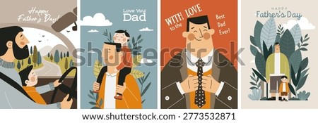 Beautiful trendy set of greeting cards for happy father's day. Stylish flat graphics and original design