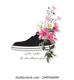Beautiful and trendy sneaker used as blooming flower pots in vector illustrations drawing style.