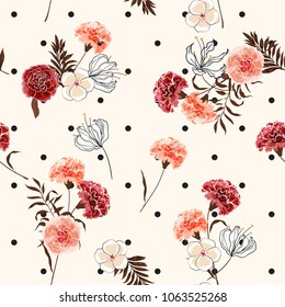 Beautiful trendy and softy blooming carnation flowers seamless pattern vector on pollka dots on summer light pink background for fashion fabric and all prints in hand drawn style.