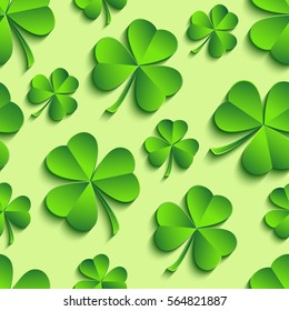 Beautiful trendy st. Patrick's day seamless pattern with green 3d leaf clover cutting paper. Spring nature background. Floral stylish modern wallpaper. Vector illustration
