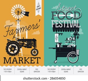 Beautiful and trendy Street food festival and Farmers market events announcement poster templates with detailed retro farmyard tractor, windmill, mobile cafe food cart with awning 
