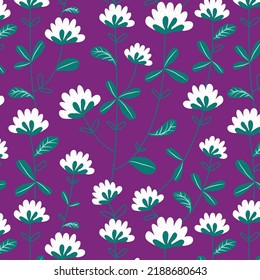 Beautiful Trendy vector Floral pattern with white flowers. Botanical Motifs scattered random. Vector texture for fashion prints. Printing with in hand drawn style on violet.