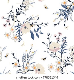 Beautiful Trendy  vector Floral pattern in the many kind of flowers. Botanical  Motifs scattered random. Seamless vector texture. For fashion prints. Printing with in hand drawn style on white.