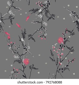 Beautiful Trendy  wind blowe Floral pattern in  Seamless vector texture. For fashion prints. Printing with in hand drawn style on grey background.