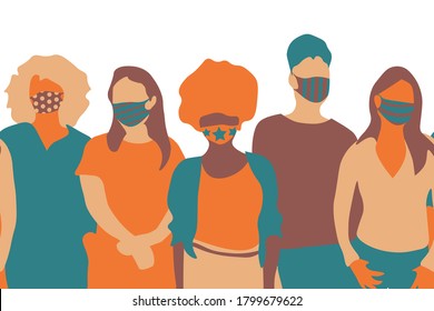 Beautiful trendy women wearing stylish surgical mask seamless pattern. Repetitive illustration of fashionable protection from virus, flu, pollution. Stylish women with trendy medical masks. EPS 10.