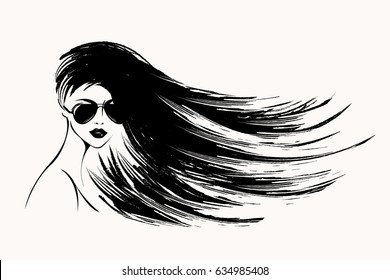 Beautiful, trendy young girl with long, flowing hair and sunglasses.Vector icon.