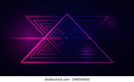 Beautiful triangle neon effect on dark background. 3D effect triangle elements. Abstract vector technology background.