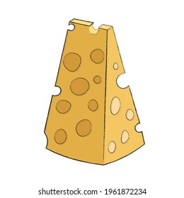 Beautiful triangular piece of yellow hard cheese with large round holes. Linear flat food icon with filling. Illustration for cookbook, icon for farm shop website with homemade food. logo, sticker