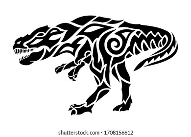 Beautiful tribal tattoo illustration with black tyrannosaur silhouette isolated on the white background
