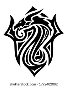 Beautiful tribal tattoo illustration with black dragon head isolated on the white background