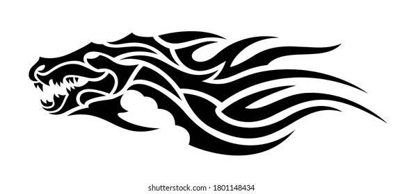 Beautiful tribal tattoo illustration with black evil dragon head on white background