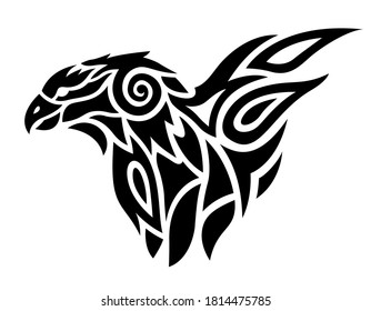 Beautiful tribal tattoo illustration with black predatory bird on the white background