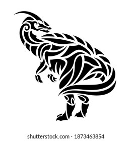 Beautiful tribal tattoo illustration with black parasaurolof silhouette on the white background