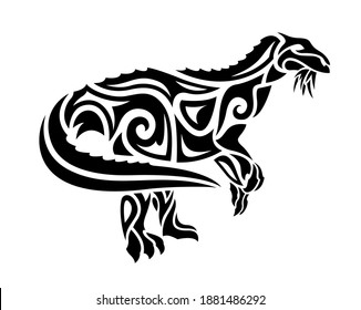 Beautiful tribal tattoo illustration with black iguanodon silhouette on the white background