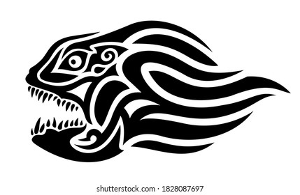 Beautiful tribal tattoo illustration with flying black monster head on the white background