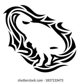 Beautiful tribal tattoo illustration with isolated black pattern around white dinosaur silhouette