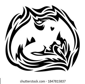 Beautiful tribal tattoo illustration with isolated black pattern around white dragon silhouette