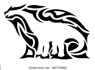 Beautiful tribal tattoo illustration with isolated on the white background black pattern around white dinosaur silhouette