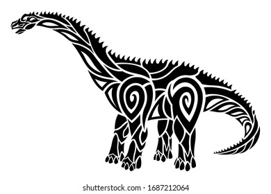 Beautiful tribal tattoo illustration with stylized black diplodocus silhouette on the white background