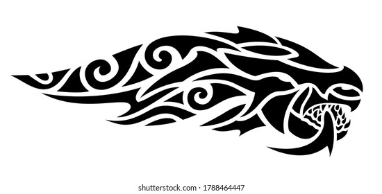 Beautiful tribal tattoo illustration with stylized black dragon head on the white background