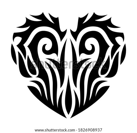 Beautiful tribal tattoo illustration with stylized black heart shape on the white background