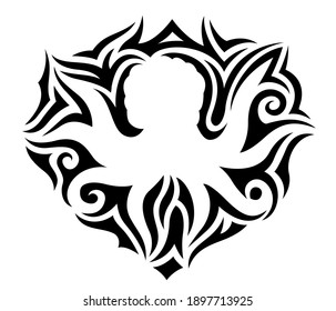 Beautiful tribal tattoo monochrome illusration with isolated black pattern around white octopus silhouette