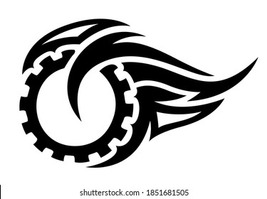 Beautiful tribal tattoo steampunk illustration with stylized black wheel on the white background