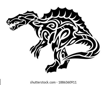 Beautiful tribal tattoo vector illustration with cartoon stylized spinosaur silhouette isolated on the white background