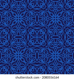 Beautiful tribal vector illustration with abstract blue square seamless pattern