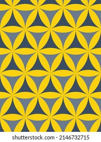 Beautiful tricolor geometric seamless pattern. Gray and black art forms lined up in rows on a yellow background. Vector.
