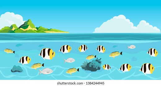 A beautiful tropic island and  an underwater view on a sea life. Creative banner, flyer, blog post, card or landing page for a travel agency or tour operator. Summer theme background or wallpaper.