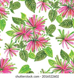 Las Hermosas Hojas Tropicales Repiten El Fondo Del Tile Del Patrón Sin Margen. Rosa verde primavera verano. Para papel pintado, impresión de moda, tarjeta, envoltura, fondo, diseño textil, patrón de producto, cojín, cortina