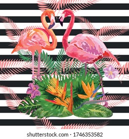 beautiful tropic pink flamingo and hibiscus flower on a black and white geometric background. Seamless pattern