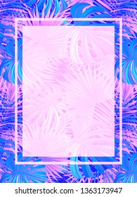 beautiful tropic vector frame. exotic vector poster with place for text. Tropical background. Jungle plants and leaves. Bright pink and purple colors. for spring, summer images and romantic designs