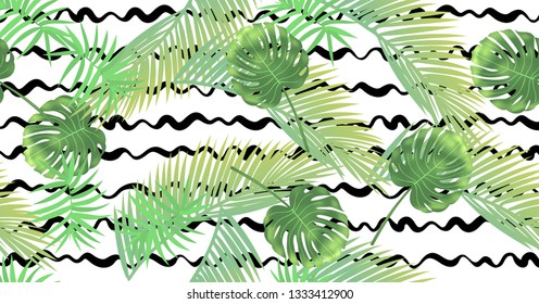 Beautiful tropical abstract color and green palm leaves seamless vector pattern on a background of geometric diagonal black and white lines