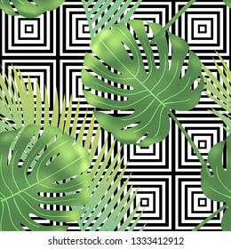 Beautiful tropical abstract color and green palm leaves seamless vector pattern on a background of geometric diagonal black and white lines
