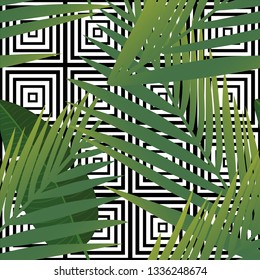 Beautiful tropical abstract color and green palm leaves seamless vector pattern on a background of geometric diagonal black and white lines