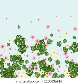Beautiful tropical background with flowers and leaves. Flowers of the jungle. Summer background with tropical leaves and flowers for fabric, wallpaper and cover
