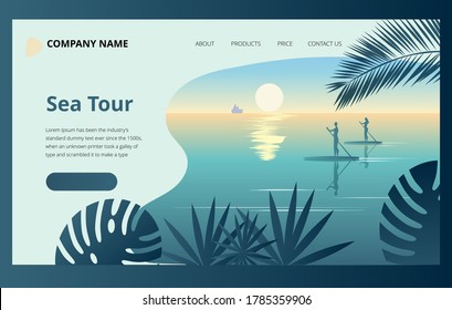 Beautiful tropical background with palm leaves. Sunrise on the sea. Template for the first landing page screen with a southern landscape.