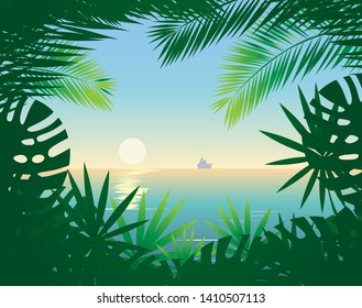 beautiful tropical background with palm trees and sunrise on the sea