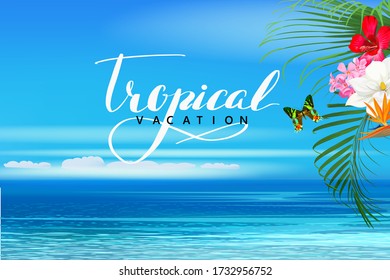 Beautiful tropical banner with flowers,butterfly and palm leaves on sea background