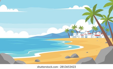 Beautiful tropical beach cove features golden sand, blue ocean waves, palm trees, rocks, and a coastal village.
