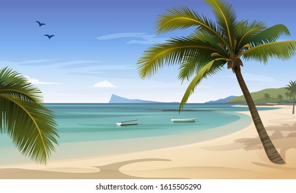 Beautiful tropical beach landscape. Silhouette mountains horizontal banner flat vector illustration.perfect for web design, banner, mobile app, landing page, vector flat design.