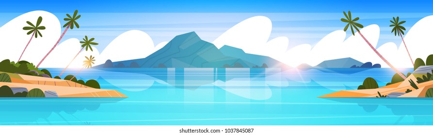 Beautiful Tropical Beach Landscape Summer Seaside With Palm Tree And Silhouette Mountains Horizontal Banner Flat Vector Illustration